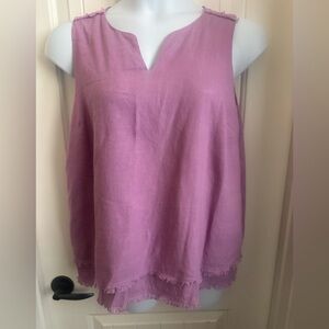 Susan Graver Washed Orchid Linen Blend Sleeveless Top w/ Frayed Hem, Size M